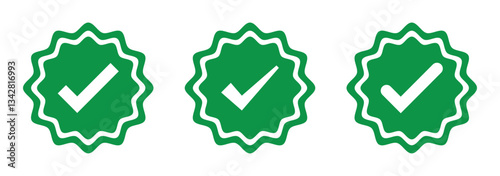 Green tick - symbol of certification and verification on social media and social network. Verified and certified official account and profile. Symbol, sign and icon. Green tick verified badge icon. 