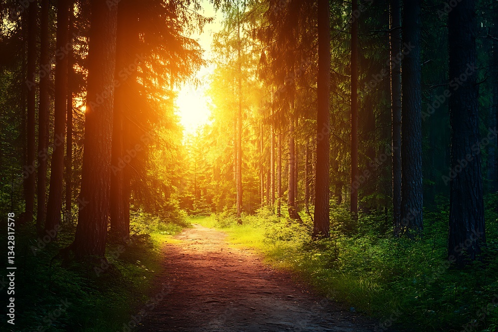 Fototapeta premium Sun shining through trees on forest path, nature scene background, for travel blog