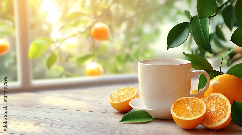 Naklejka premium A serene setting featuring a cup of tea and fresh oranges on a wooden table.
