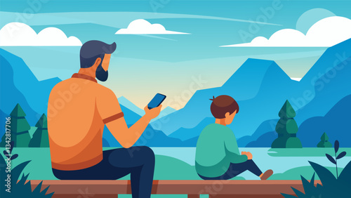 A father and son taking a break at a scenic lookout their phones left behind as they bask in the peacefulness of the moment and focus on their shared love for nature.. Vector illustration