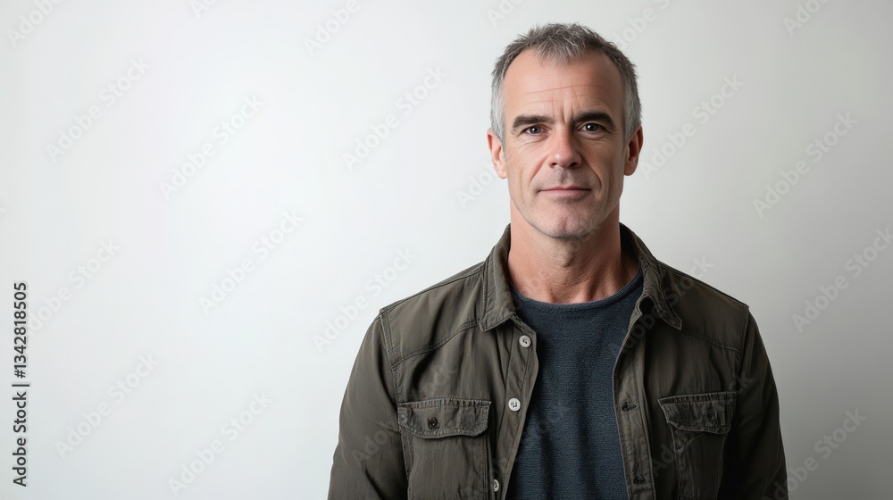 Confident Middle-Aged Man in Casual Attire Against a Neutral Background Confident Middle-Aged Man in Casual Attire Against a Neutral Background