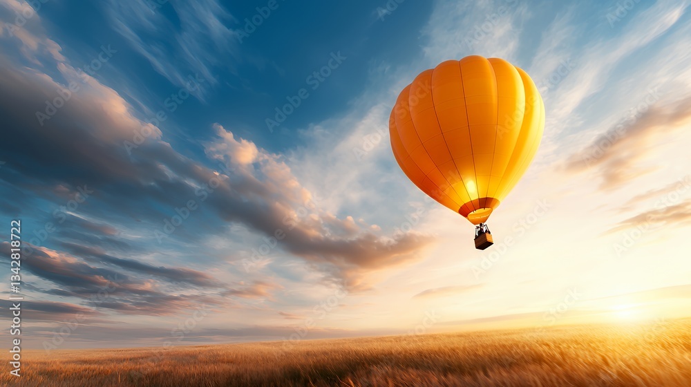 Fototapeta premium Hot Air Balloon Flying Above Golden Field at Sunset Landscape