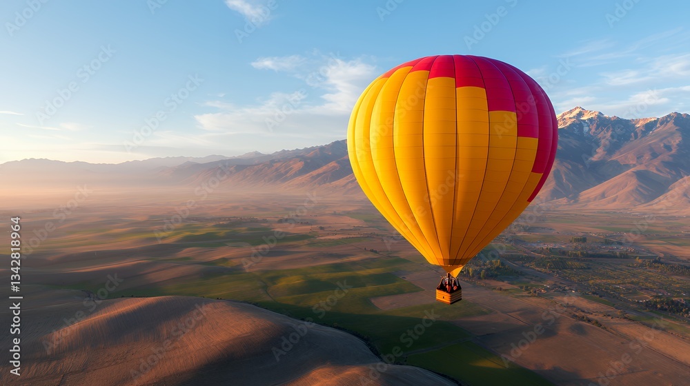 Obraz premium Floating Hot Air Balloon Ride Over Rolling Hills and Distant Mountains