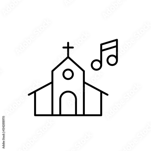 Church with cross and musical notes. Choral singing and music in worship services. Religious events. Pixel perfect vector icon