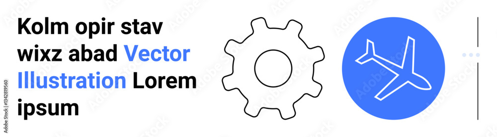 Gear outline adjacent to a blue circle with an airplane silhouette. Ideal for technology, engineering, aviation, travel, innovation, logistics, and a simple landing page