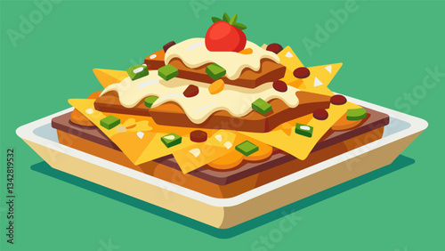 A tray of decadent nachos piled high with layers of melted cheese beef beans and jalapenos served with a side of cooling sour cream.. Vector illustration