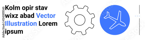 Gear outline adjacent to a blue circle with an airplane silhouette. Ideal for technology, engineering, aviation, travel, innovation, logistics, and a simple landing page