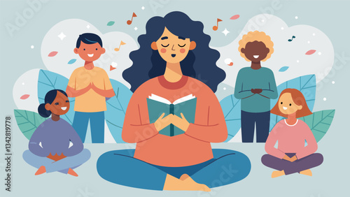 A member who has been struggling with anxiety finds peace in reciting a favorite poem they had memorized and the group joins in with a calm and soothing chorus.. Vector illustration