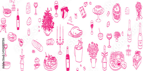 La dolce vita italian sicily style. Hand drawn ink line food and wine or champagne drawings.
