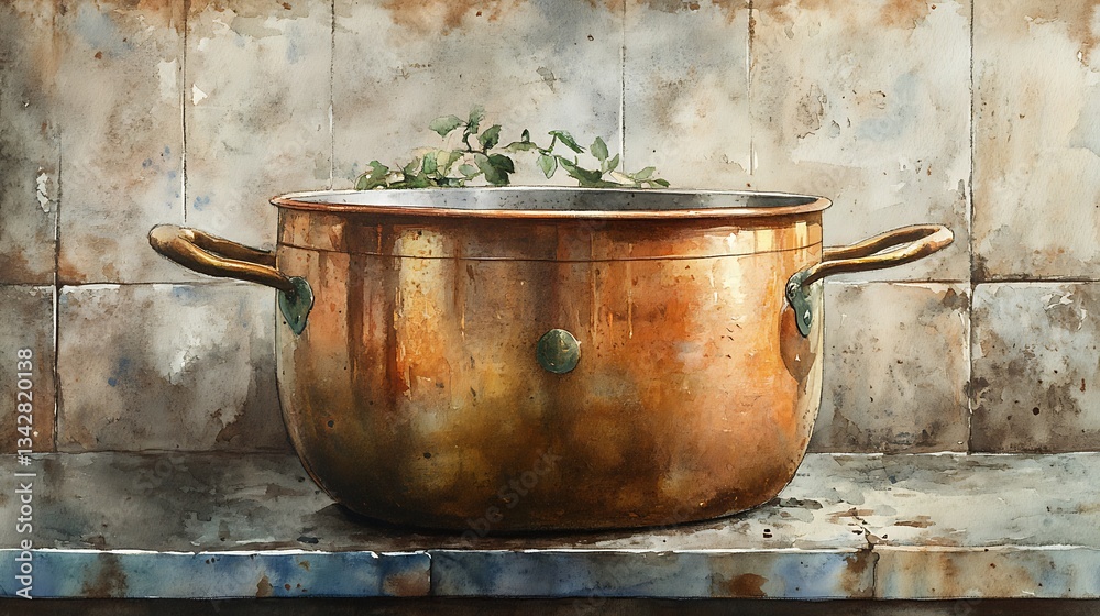 Rustic Copper Cooking Pot with Herbs in a Kitchen Setting Artistic Illustration Still Life Rustic Copper Cooking Pot with Herbs in a Kitchen Setting Artistic Illustration Still Life