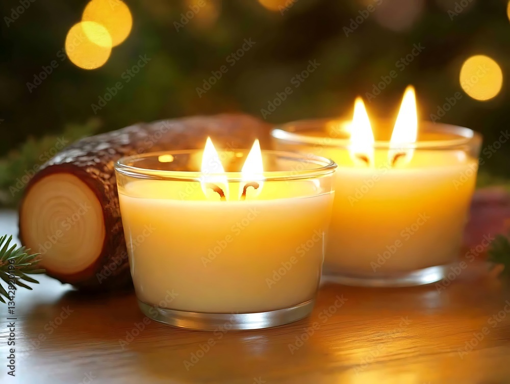 Festive Candles Glow on Wooden Table. Festive Candles Glow on Wooden Table.