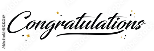 "Congratulations!" bulk lettering greeting sign. Handwritten modern brush lettering with golden stars. Text for card, T-shirt print, banner, poster, web, notebook, sketchbook. Isolated vector