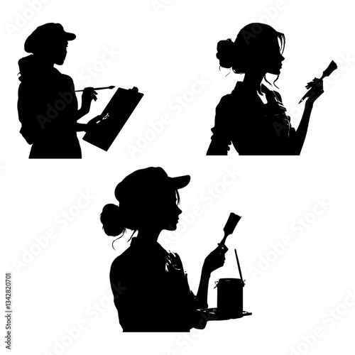 Female painter with a completely black silhouette on a white background.