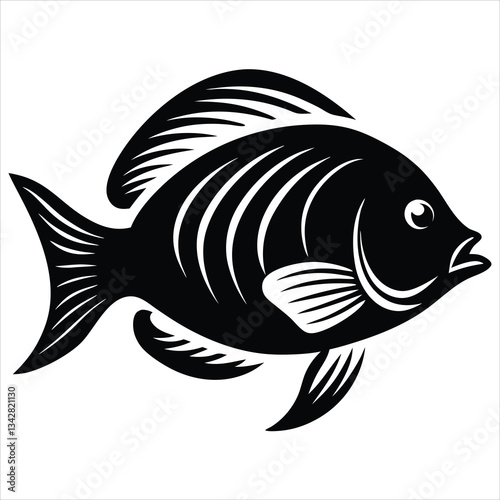 A dynamic and minimalist vector silhouette of a jumping fish, captured in mid-air against a clean white background. The illustration emphasizes the fluid motion of the fish, showcasing its graceful
