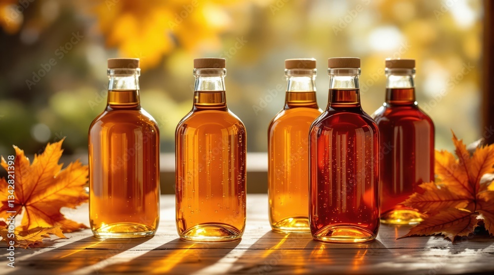 Maple syrup harvesting final product displayed in glass bottles showing varying grades from light golden to dark amber with morning light streaming through translucent liquid Maple syrup harvesting final product displayed in glass bottles showing varying grades from light golden to dark amber with morning light streaming through translucent liquid