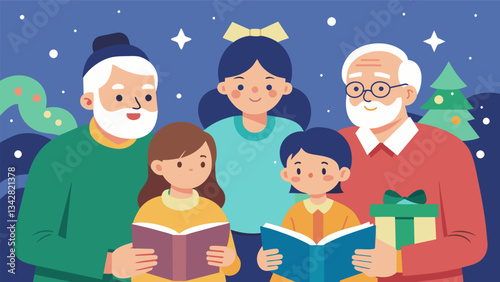 Parents and grandparents share stories and memories of their own childhood posadas passing down this special tradition to younger generations.. Vector illustration