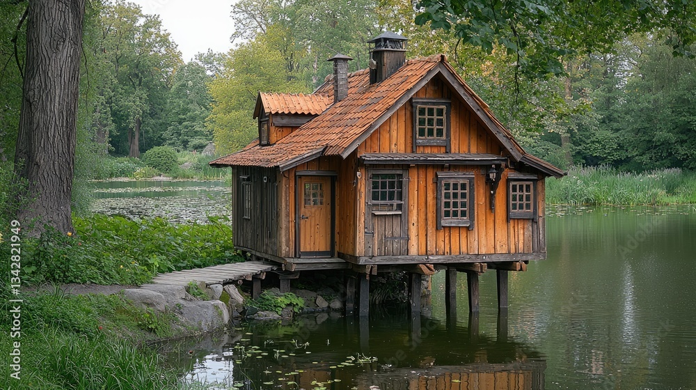 Charming wooden house on stilts by a serene lake surrounded by lush greenery Charming wooden house on stilts by a serene lake surrounded by lush greenery