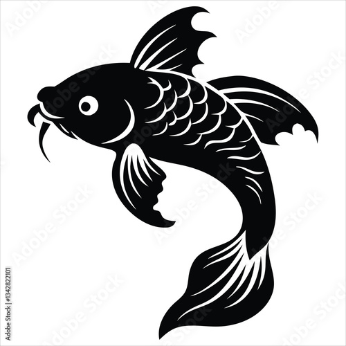 A dynamic and minimalist vector silhouette of a jumping fish, captured in mid-air against a clean white background. The illustration emphasizes the fluid motion of the fish, showcasing its graceful