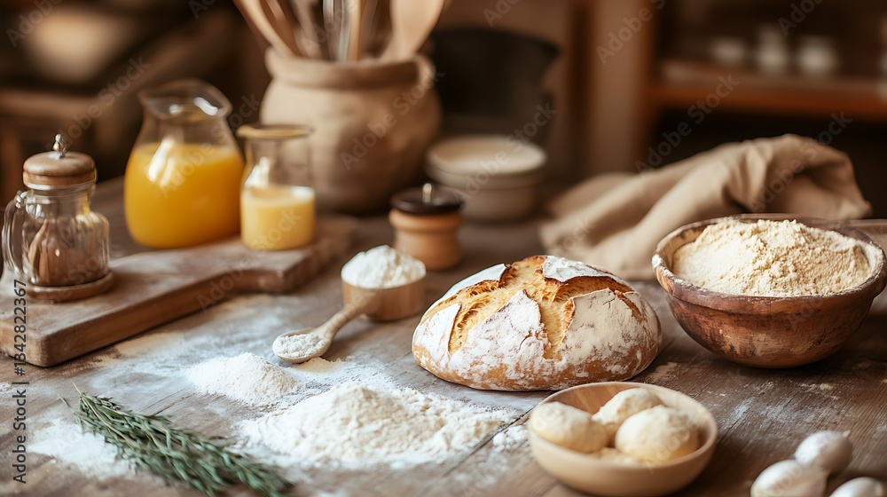 Fototapeta premium Kitchen table with ingredients for making bread