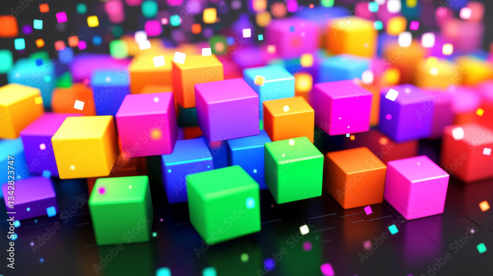 Colorful 3D cubes in digital abstract background with vibrant floating particles create dynamic and lively scene. bright colors and geometric shapes evoke sense of playfulness and modernity Colorful 3D cubes in digital abstract background with vibrant floating particles create dynamic and lively scene. bright colors and geometric shapes evoke sense of playfulness and modernity