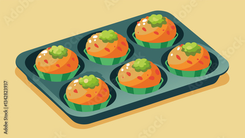 A tray of homemade veggie muffins packed with grated zucchini carrots and bell peppers for a sneaky and delicious way to eat more vegetables.. Vector illustration