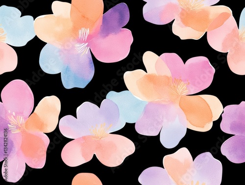 Vibrant Neon Watercolor Flower Seamless Pattern on Black Background