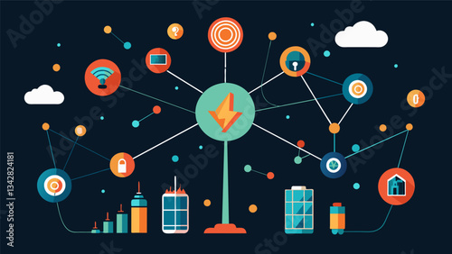 An invisible network of data points and sensors keeps a close watch on the energy grid ensuring timely interventions and swift reactions.. Vector illustration