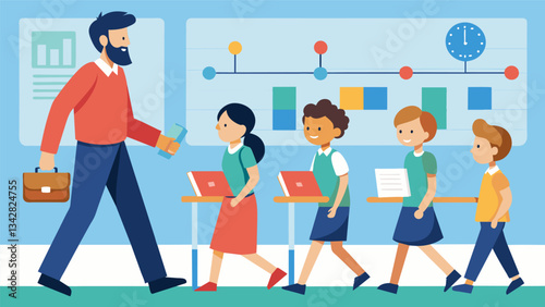 The history teacher walks around the classroom providing guidance and support as students work diligently on their timeline project reminding them of the importance of accurately. Vector illustration