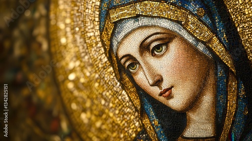 Virgin Mary depicted in a Byzantine-style mosaic, shimmering golden tiles forming an intricate sacred image, rich textures and colors reflecting deep religious artistry