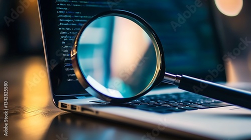 Laptop computer bookshelf with magnifying glass for searching