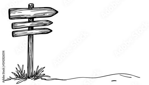 Illustrated wooden signpost with multiple directions on grass  on a transparent background