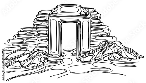 Ancient archway surrounded by rocks in a minimalist style  on a transparent background