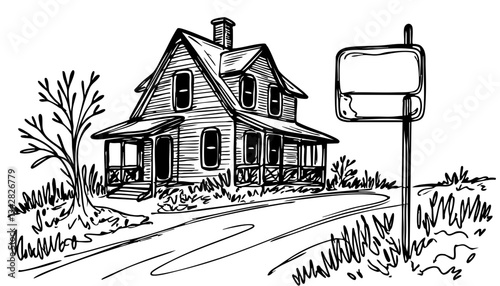 Hand-drawn illustration of a vintage house with a signpost  on a transparent background