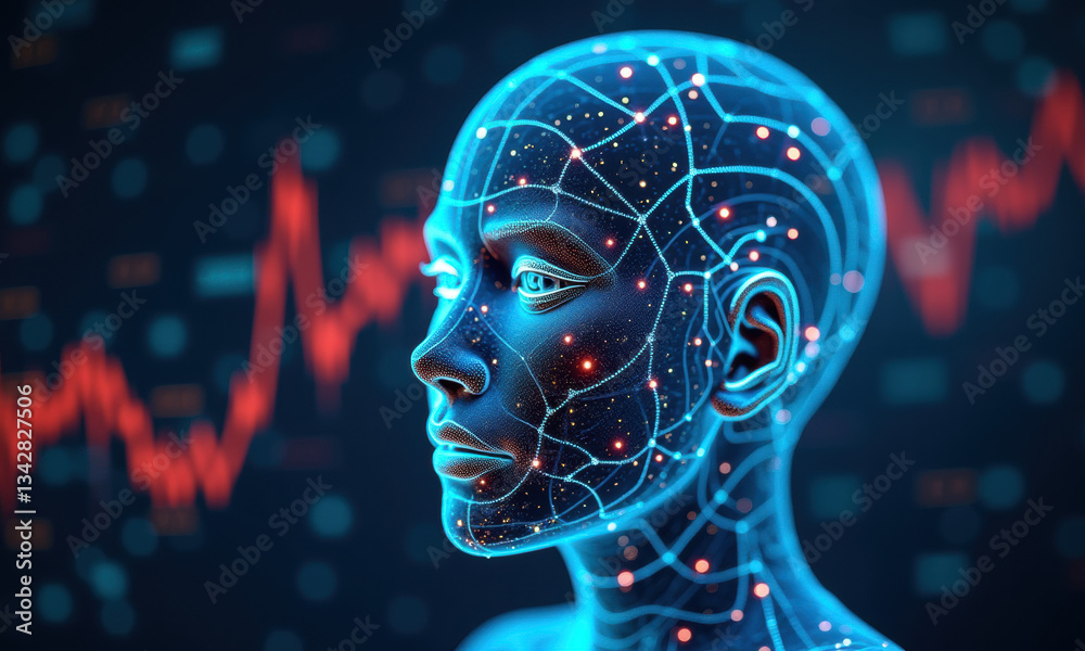 Obraz premium AI Woman, Digital Face, Network, Future Tech - Artificial Intelligence