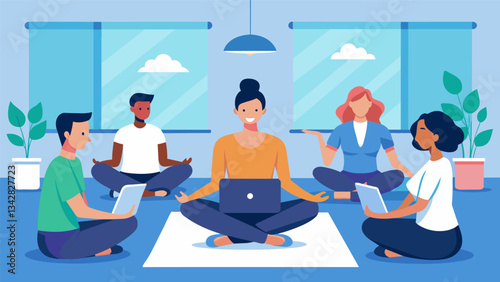 A group of coworkers gather in a conference room following a guided relaxation exercise that takes them on a virtual nature walk allowing them to release tension and boost their. Vector illustration