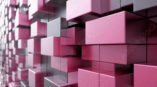 vibrant digital artwork featuring abstract arrangement of pink and gray 3D cubes, creating dynamic and modern geometric pattern