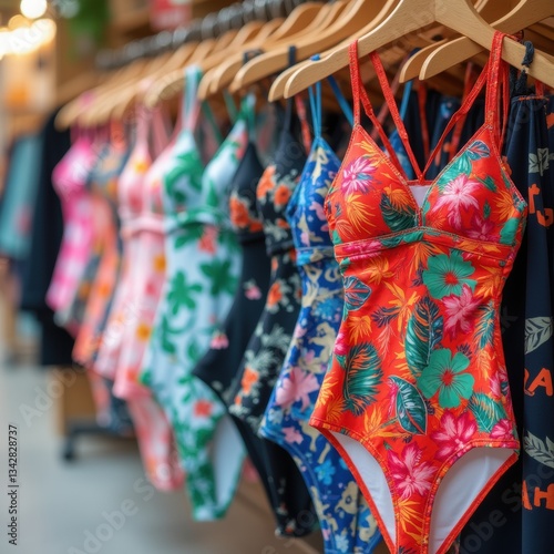 Close-up of vibrant swimsuits with tropical patterns, neatly arranged on a clothing rack in a bright store, evoking excitement for summer shopping.