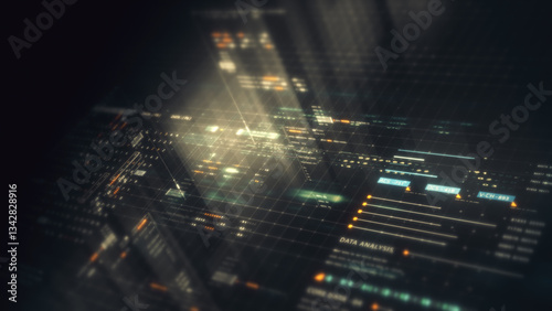 Futuristic data matrix simulation featuring metaverse inspired elements, an information network, and hi-tech digital data telemetry with encrypted numbers