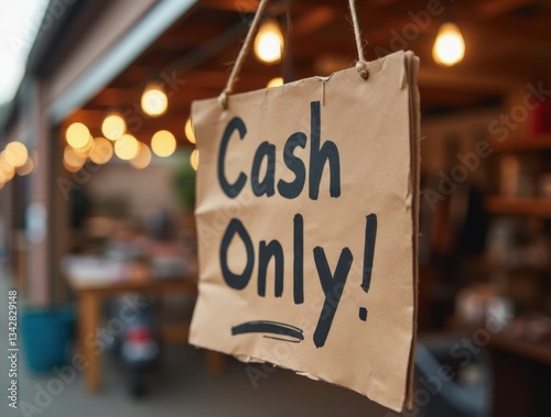 Handwritten cash only sign on cardboard at cozy garage sale stall, warm light, bargain vibe. photo