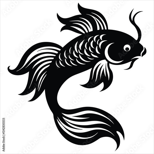 A dynamic and minimalist vector silhouette of a jumping fish, captured in mid-air against a clean white background. The illustration emphasizes the fluid motion of the fish, showcasing its graceful