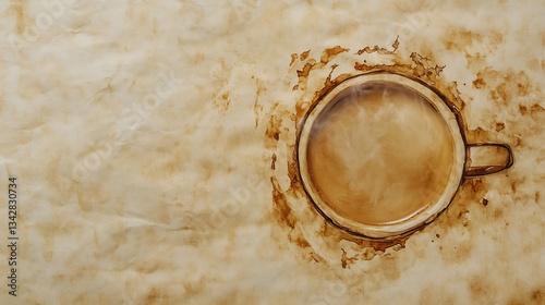 Coffee cup rings stain kraft paper, rustic typography space, warm latte tones