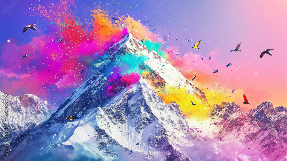 vibrant mountain landscape with colorful splashes and flying birds creates dynamic and lively scene. snow capped peaks contrast with vivid hues, adding sense of wonder and excitement vibrant mountain landscape with colorful splashes and flying birds creates dynamic and lively scene. snow capped peaks contrast with vivid hues, adding sense of wonder and excitement