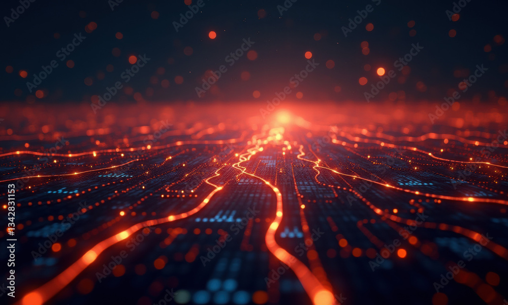 Fototapeta premium Glowing Circuit Board, Digital Data Flow - Abstract Technology