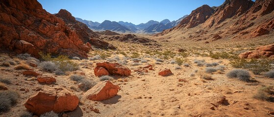 Fotobehang Bruin Sunny desert landscape with red rocks and shrubs.  © BerkahStock