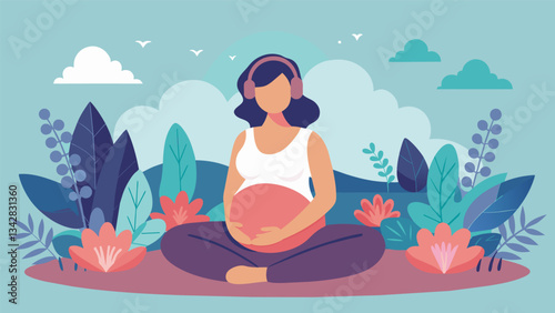 A pregnant woman listens to a guided imagery session that transports her to a quiet garden where she can visualize a smooth and peaceful birth experience free from fear and. Vector illustration