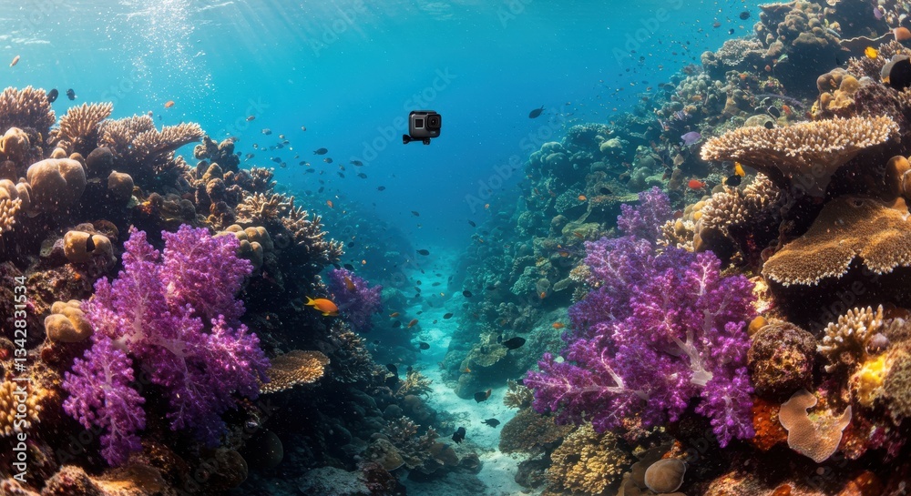 Fototapeta premium Vibrant Coral Reef Underwater Scene with Colorful Fish and Camera