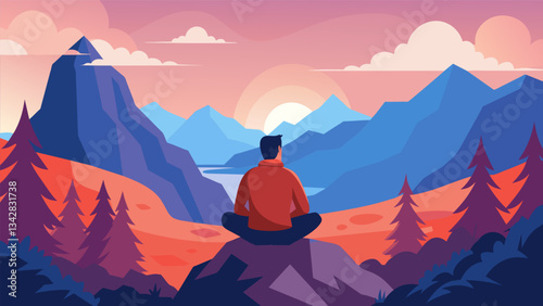 A man sitting on a mountaintop surrounded by stunning views and the profound stillness of nature.. Vector illustration