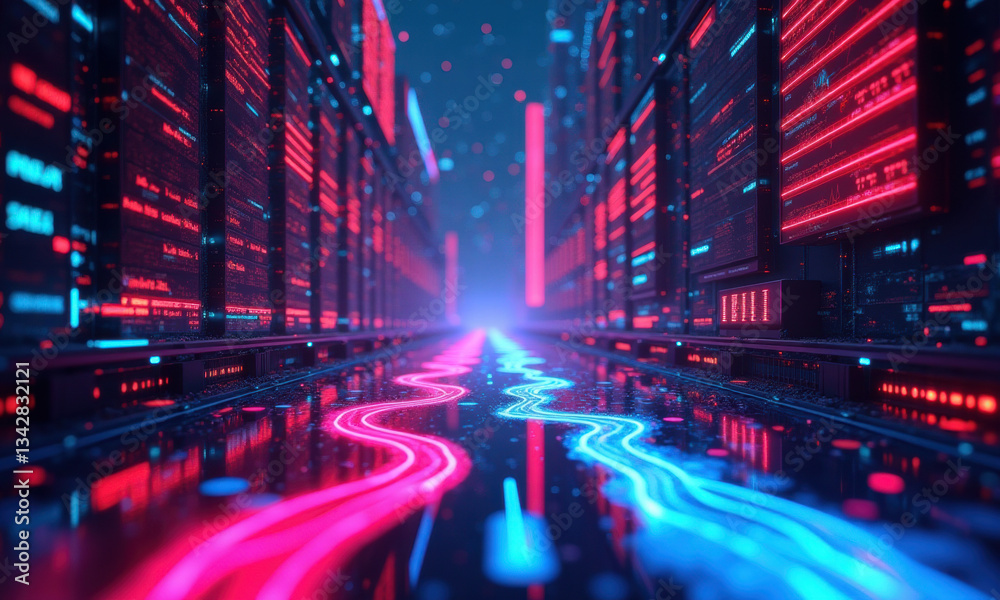 Neon Data Center Corridor, Digital Technology - Cyberpunk aesthetics Neon Data Center Corridor, Digital Technology - Cyberpunk aesthetics