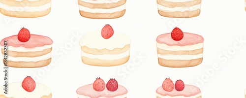 Minimalist Seamless Watercolor Cake Pattern with Strawberries