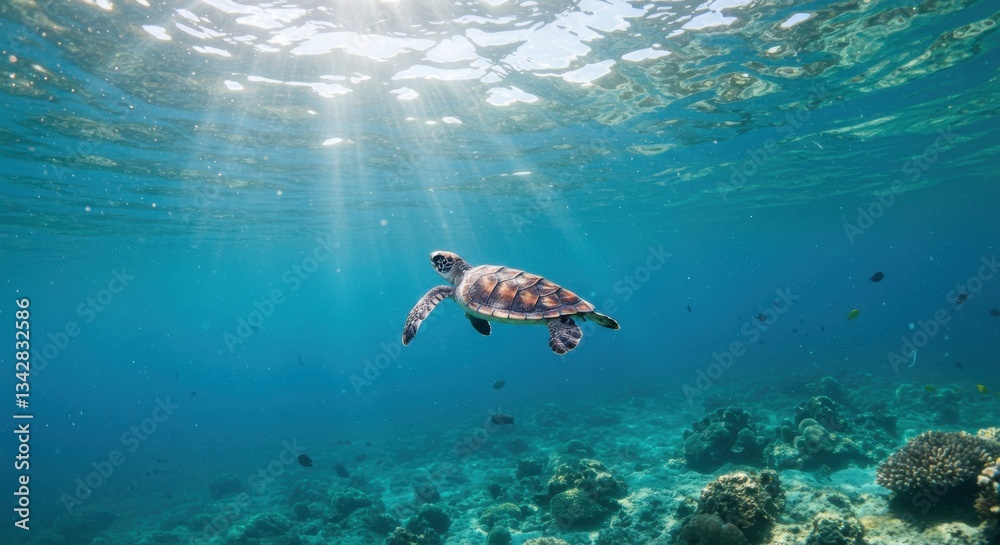 Fototapeta premium Majestic sea turtle swimming gracefully through vibrant coral reef underwater